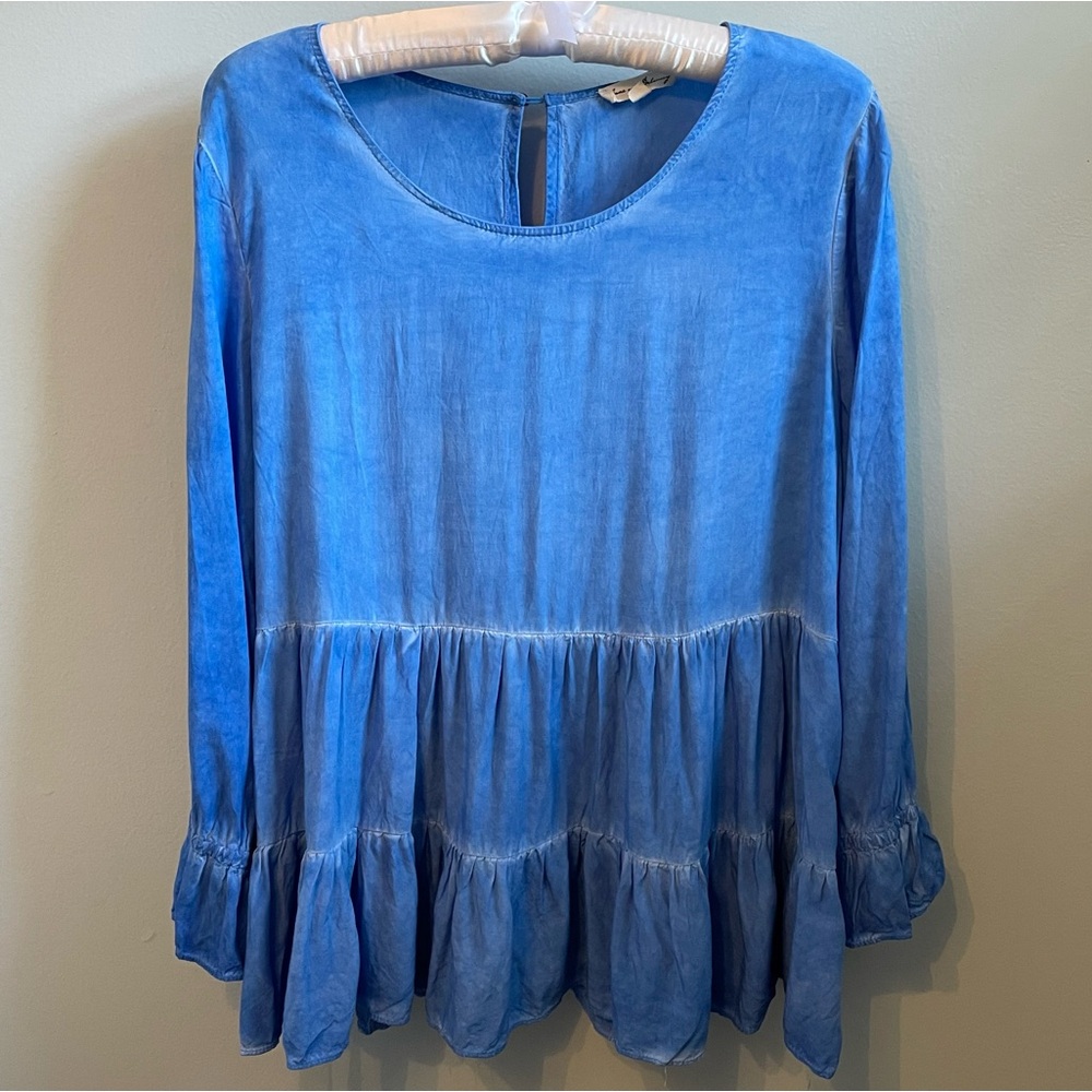 Jane and Delancey Babydoll Blouse Size L Blue Tiered Keyhole Back Frilled Sleeve